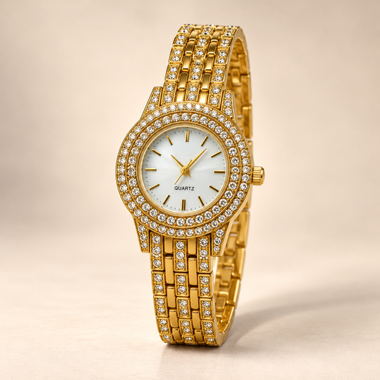 Golden Crystal Watch & Butterfly Bracelet Set