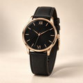 YJWF2 black dial rose gold watch with black strap, studio photograph