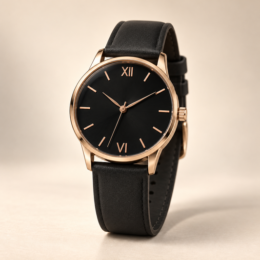 YJWF2 black dial rose gold watch with black strap, studio photograph