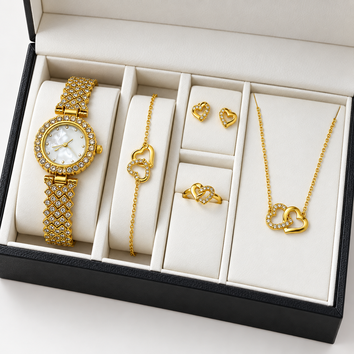 Golden Heart Watch & Jewellery Set in premium gift box