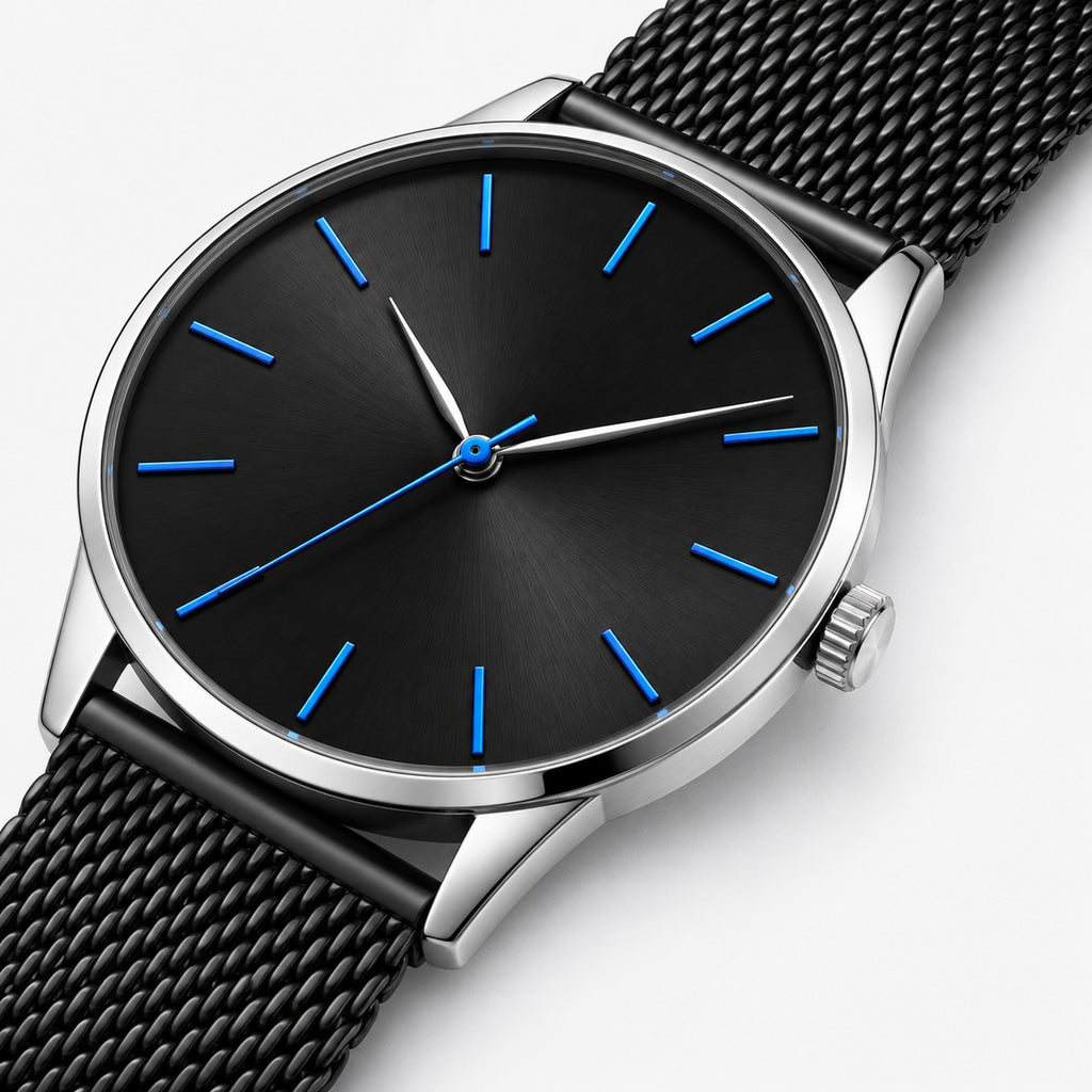 Blue Hour Black Mesh Men's Watch – dial macro