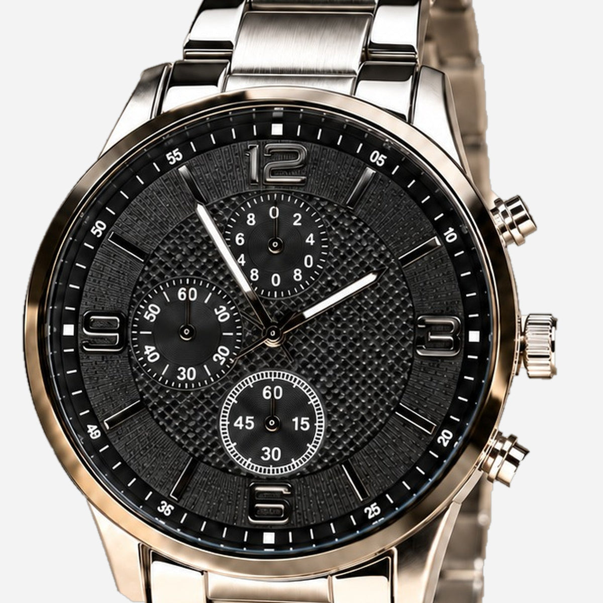 Carbon Noir Silver Bracelet Men's Watch — Black dial close-up