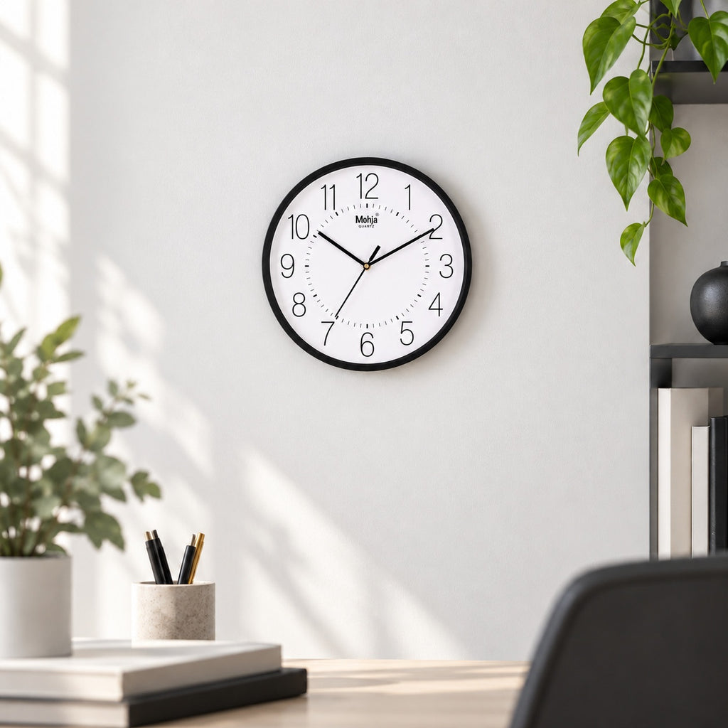 MOHJA 3 – Monochrome Classic Black & White Wall Clock | 12 Inch – lifestyle room setting
