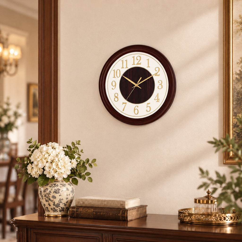 MOHJA 5 – Heritage Burgundy & Gold Round Wall Clock | 12 Inch – lifestyle room setting