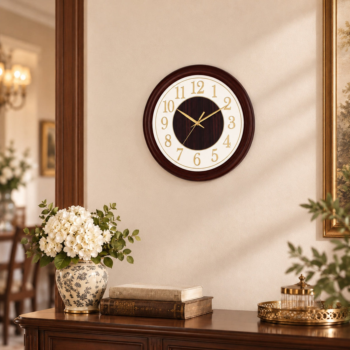 MOHJA 5 – Heritage Burgundy & Gold Round Wall Clock | 12 Inch – lifestyle room setting