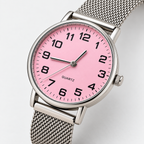 Pink dial silver mesh watch - angled detail