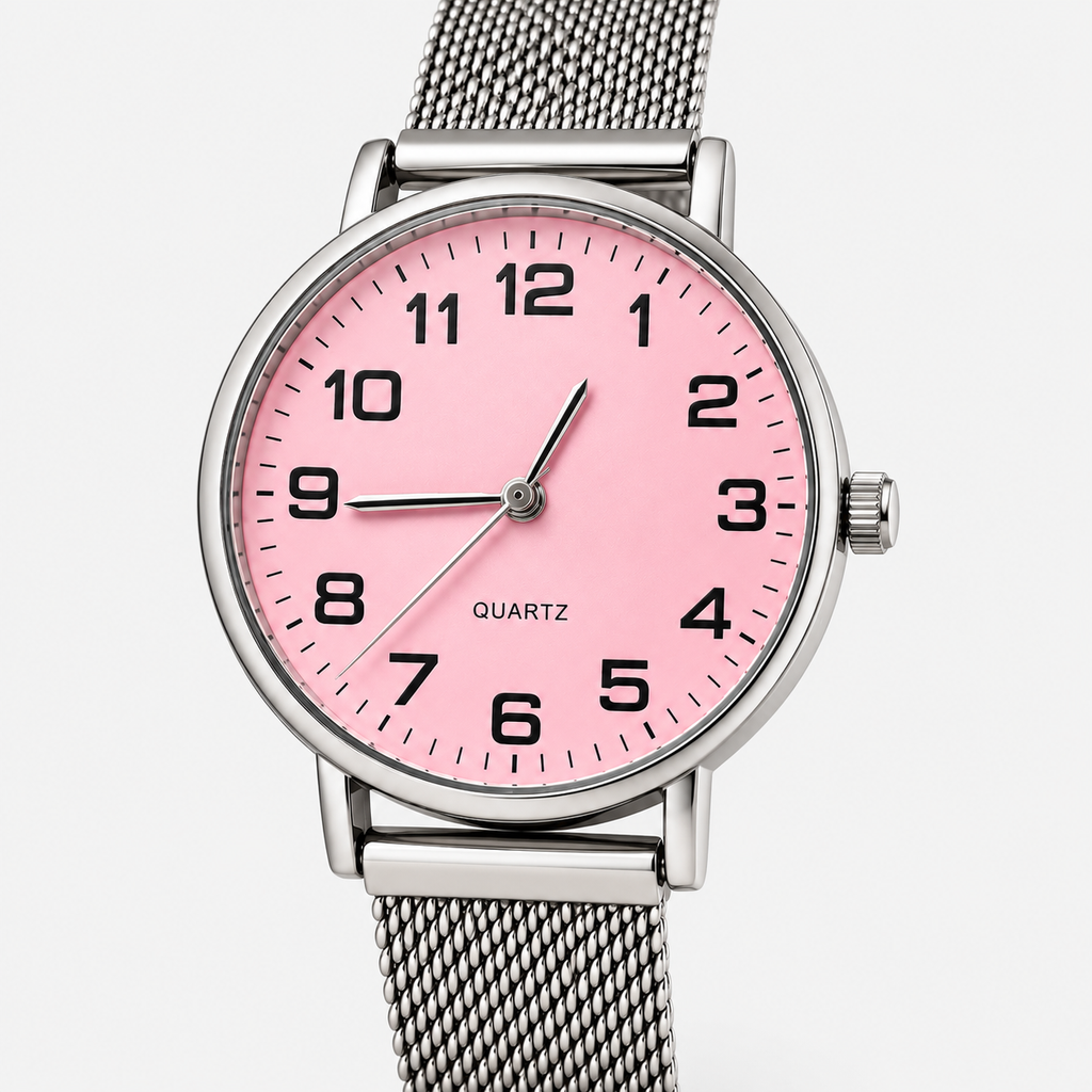Pink dial silver mesh watch - dial closeup