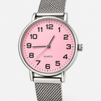 Pink dial silver mesh watch - dial closeup