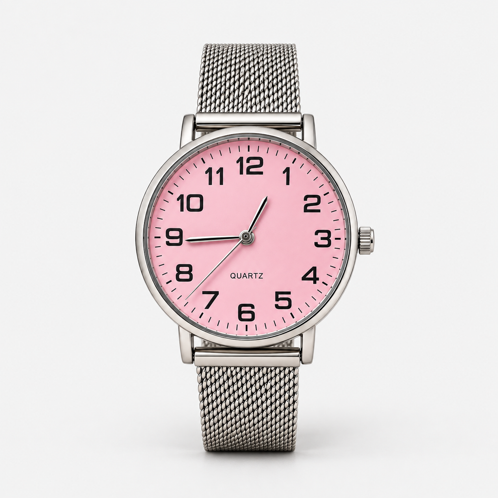 Pink dial silver mesh watch - front view