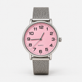 Pink dial silver mesh watch - front view
