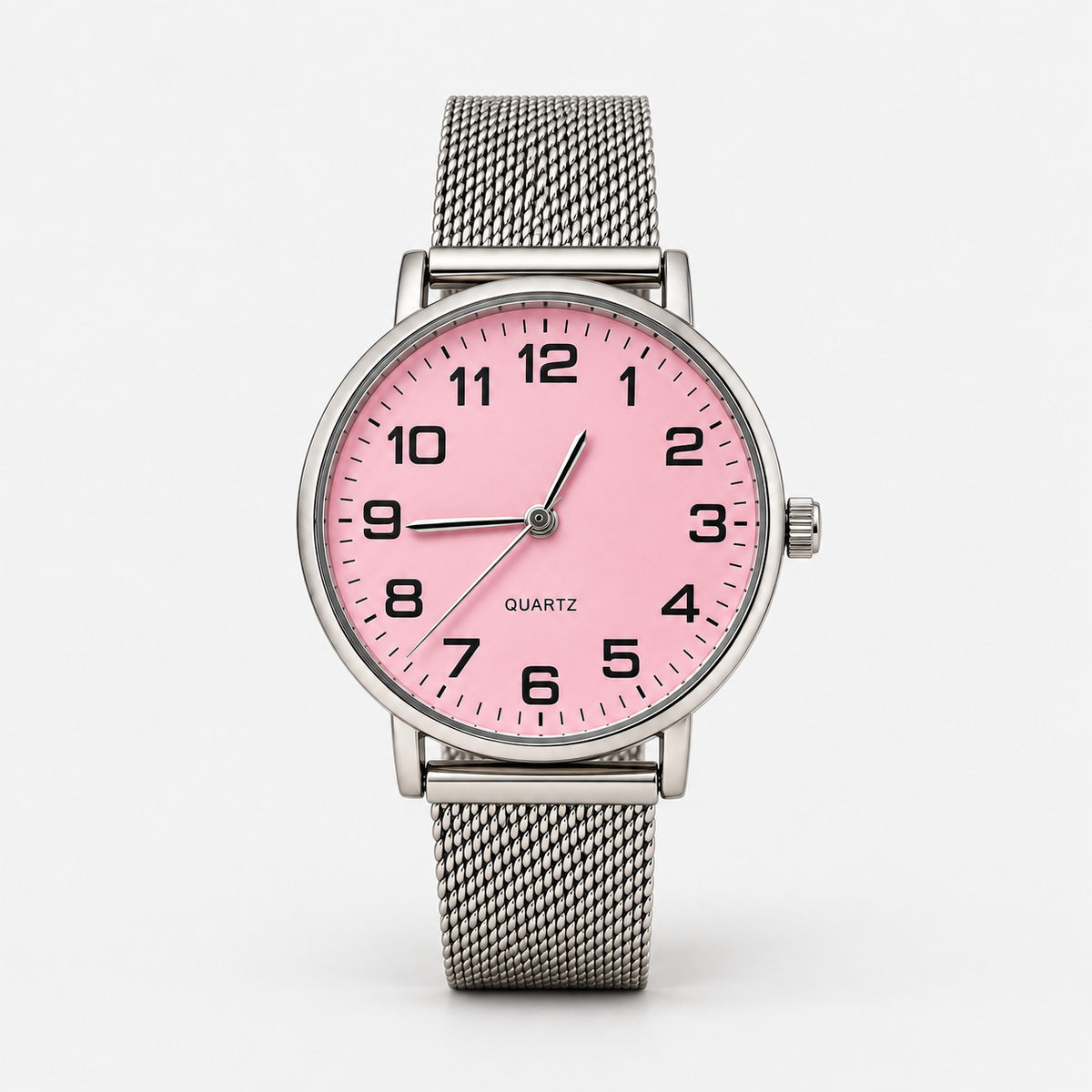 Pink dial silver mesh watch - front view