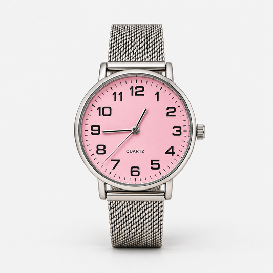 Pink dial silver mesh watch - front view