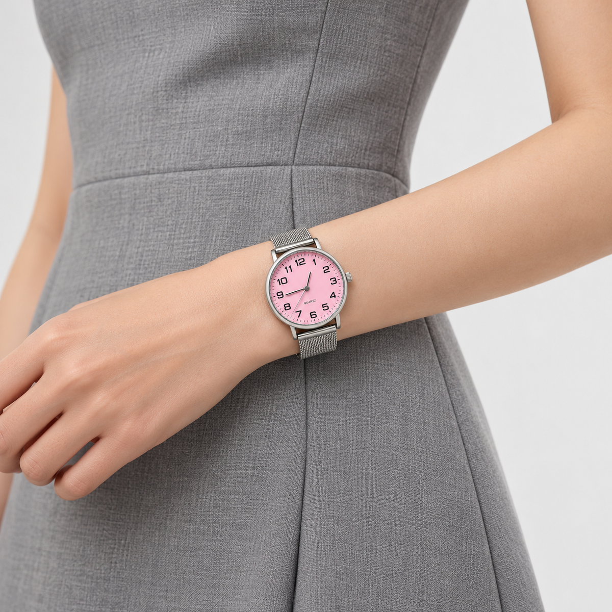 Pink dial silver mesh watch - lifestyle
