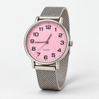Pink dial silver mesh watch - three quarter