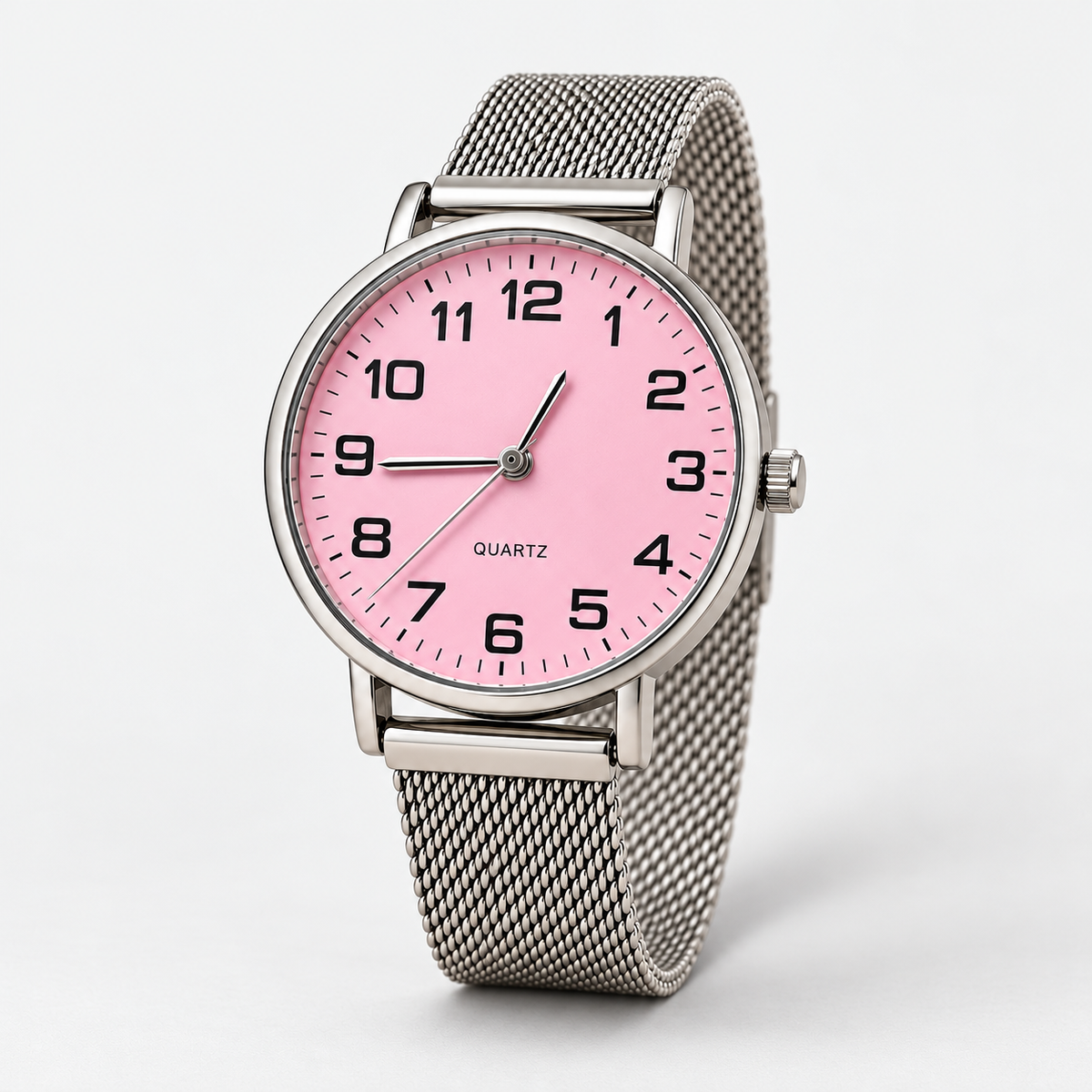 Pink dial silver mesh watch - three quarter