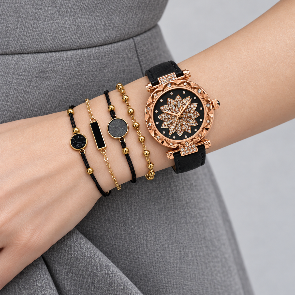 Rose Gold Floral Dial Watch & Bracelet Set — bracelet styling