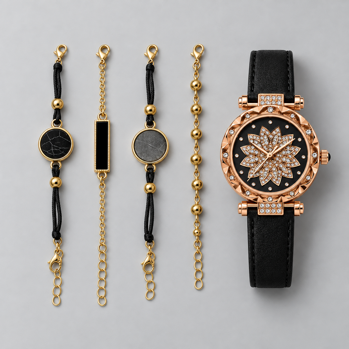 Rose Gold Floral Dial Watch & Bracelet Set — complete set