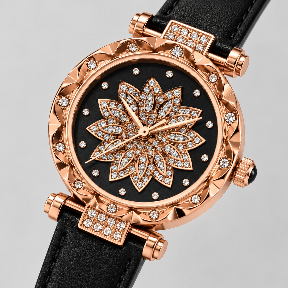 Rose Gold Floral Dial Watch & Bracelet Set — dial close up
