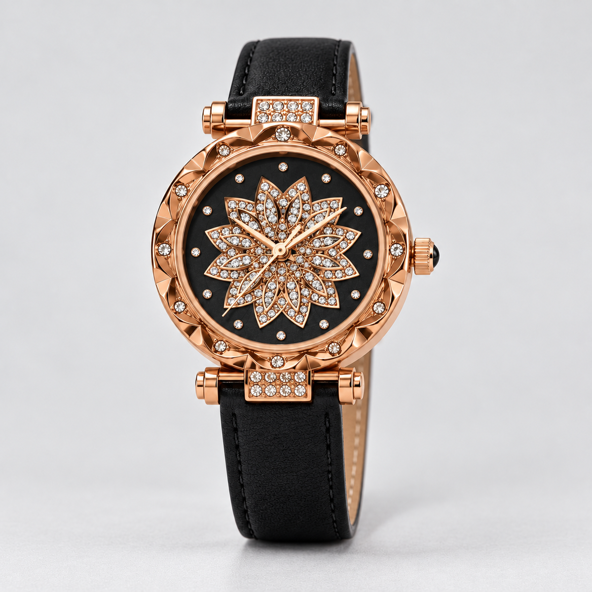 Rose Gold Floral Dial Watch — front studio view