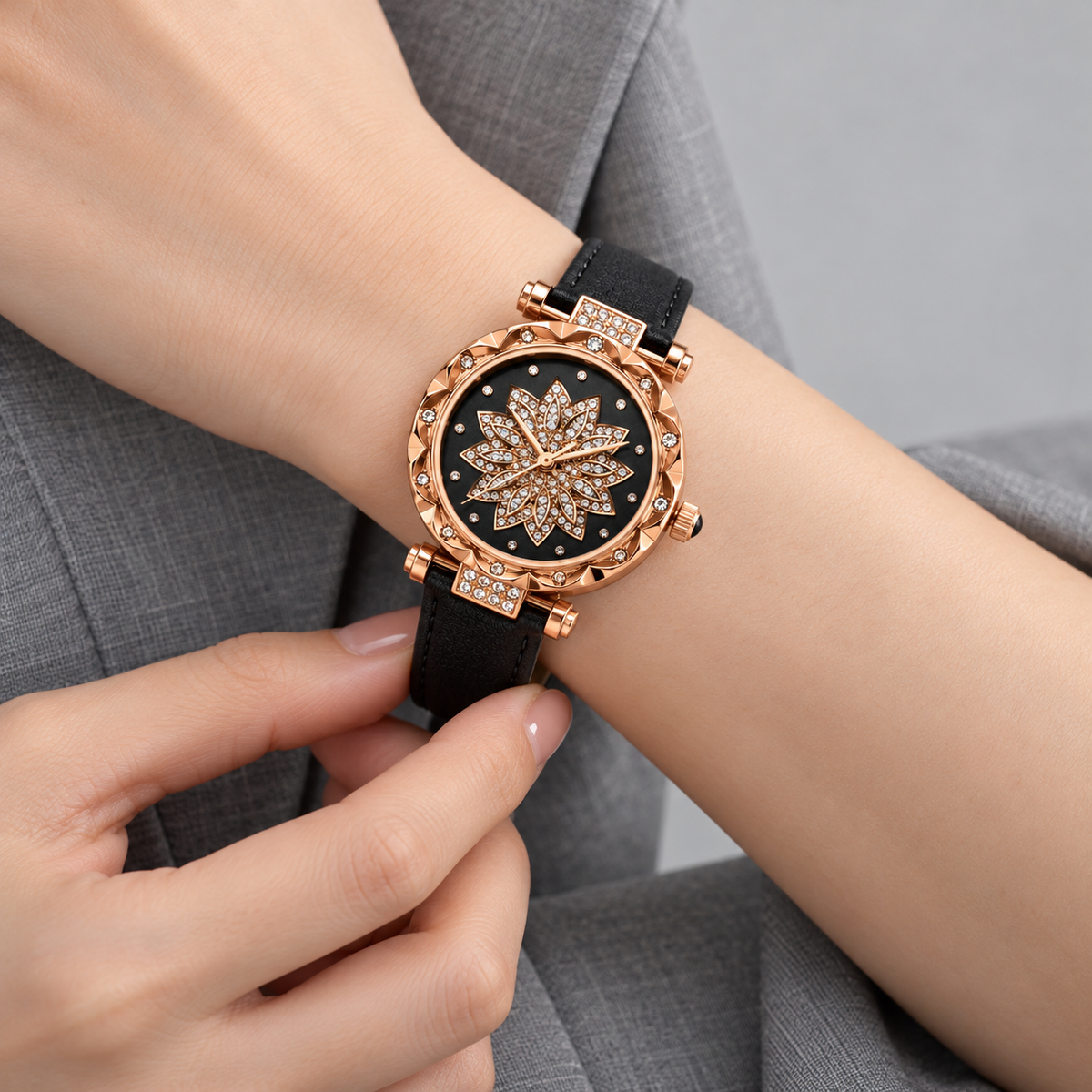 Rose Gold Floral Dial Watch & Bracelet Set — strap detail
