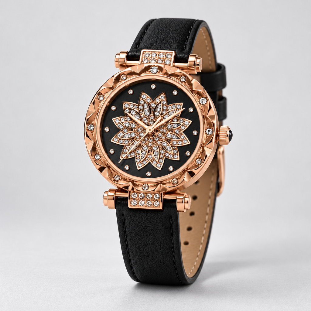 Rose Gold Floral Dial Watch & Bracelet Set — three quarter