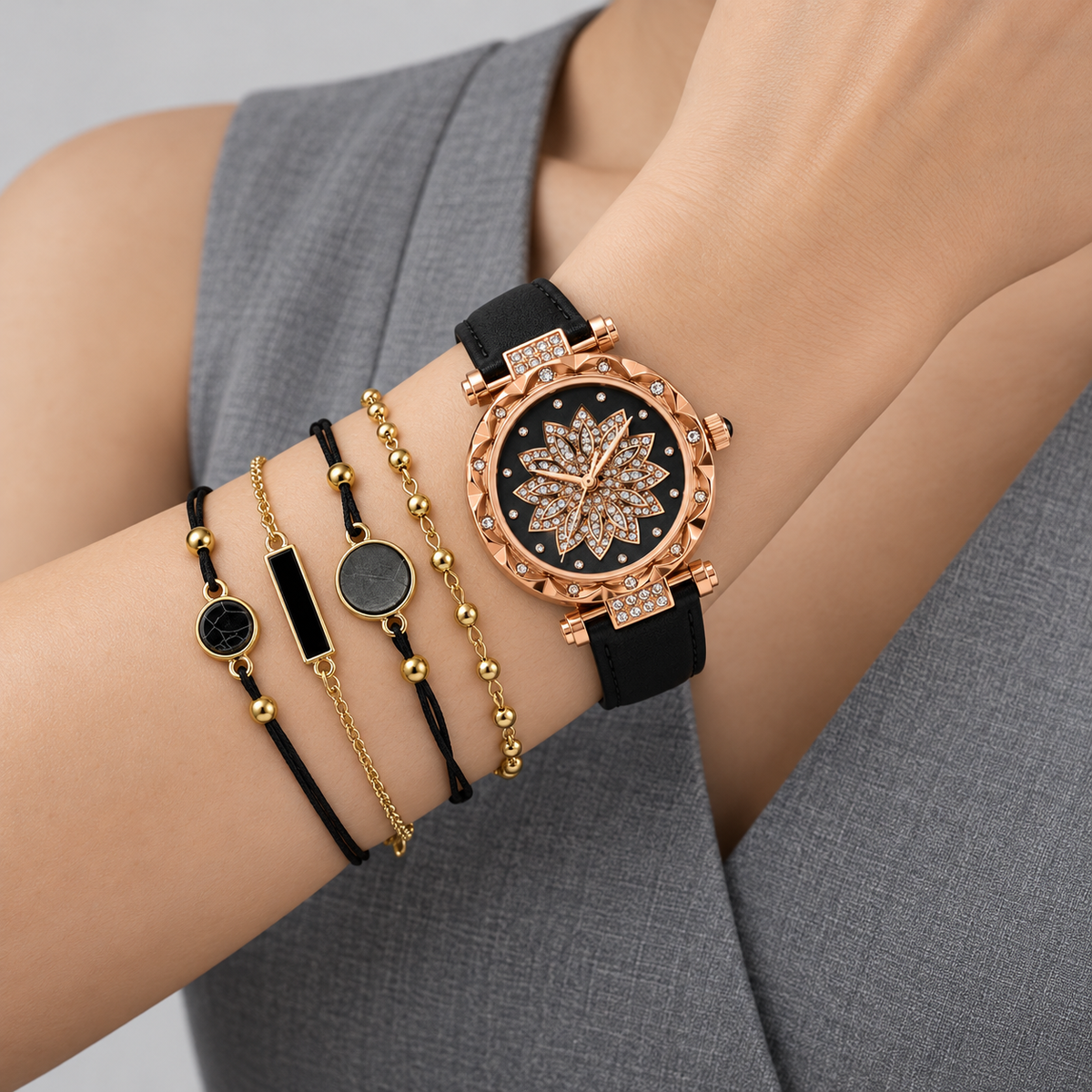 Rose Gold Floral Dial Watch & Bracelet Set — wrist set
