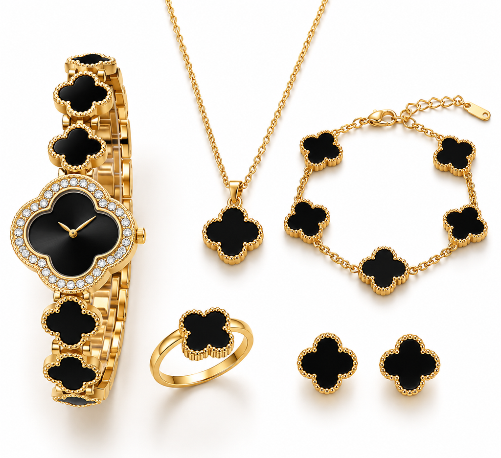 Black clover watch and jewellery set on white background