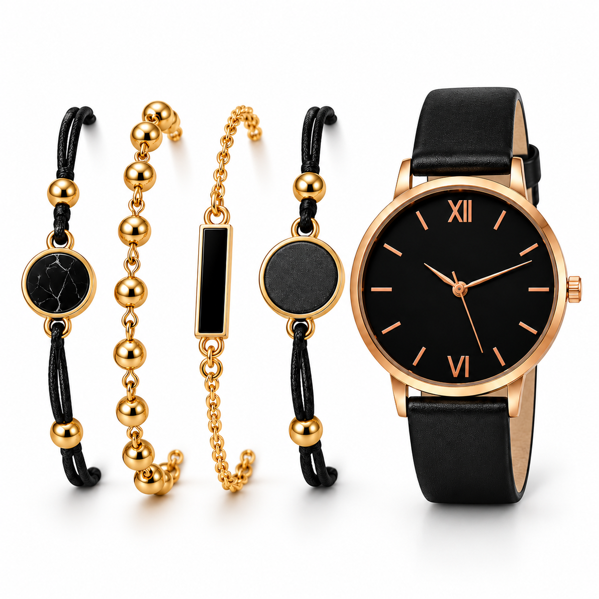 Black dial rose gold watch and bracelet set on white background