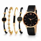 Black and rose gold watch set with four coordinated bracelets
