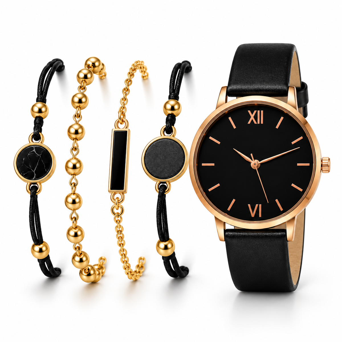 Black and rose gold watch set with four coordinated bracelets