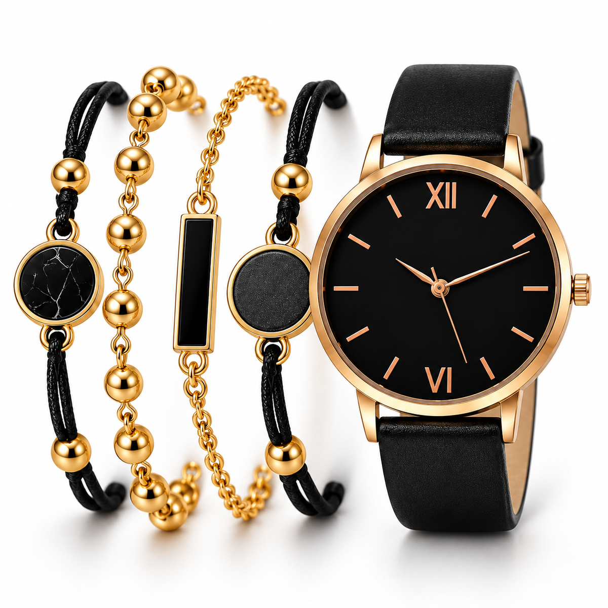Close-up of black dial rose gold watch and bracelet set