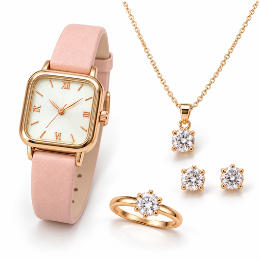 Blush pink marble finish dial watch and jewellery set on white background