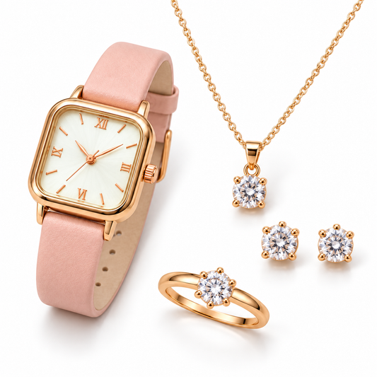Rose gold pink watch with necklace ring and earrings set