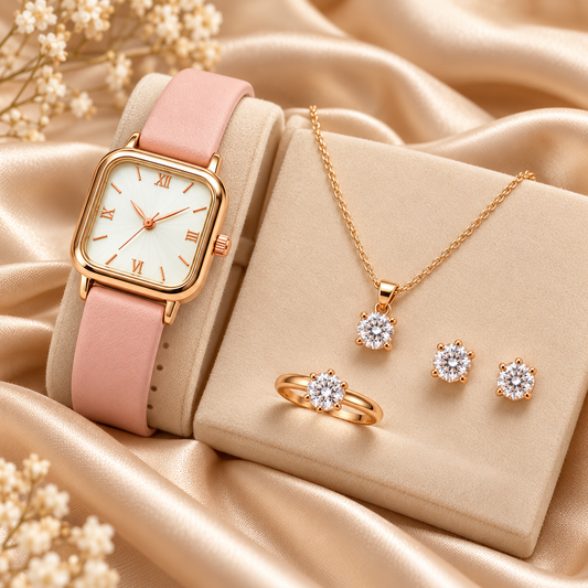 Blush pink watch and jewellery set on champagne satin
