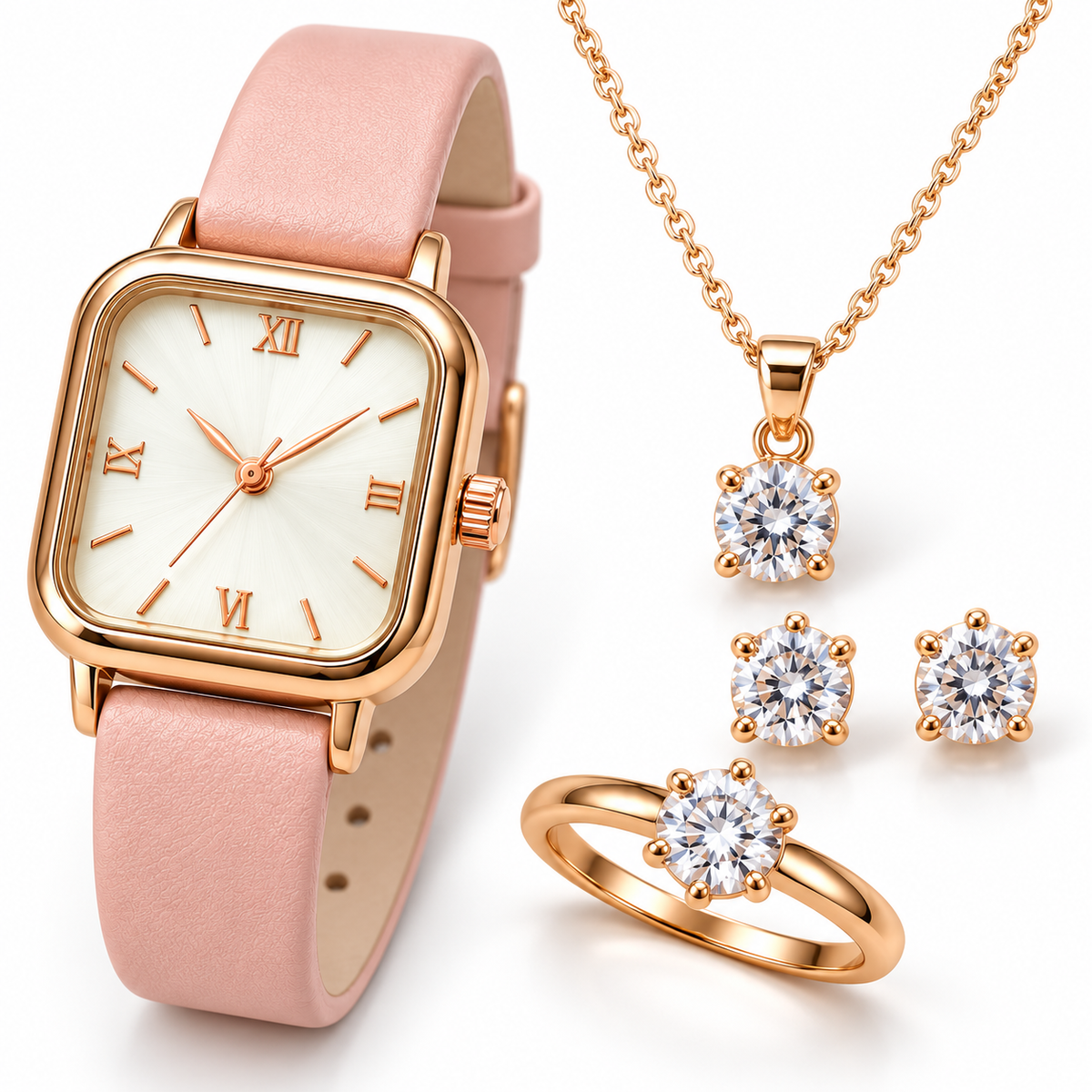 Close-up of marble finish dial watch and matching jewellery set