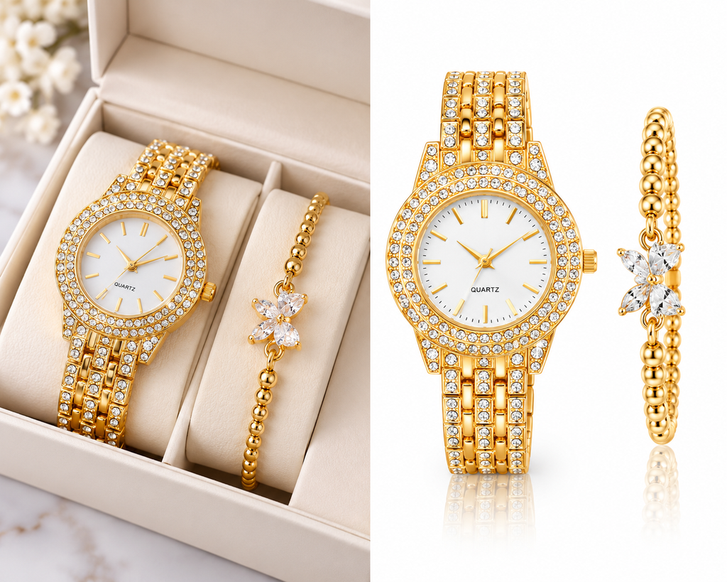 Gold crystal watch and matching bracelet in premium box and white studio layout