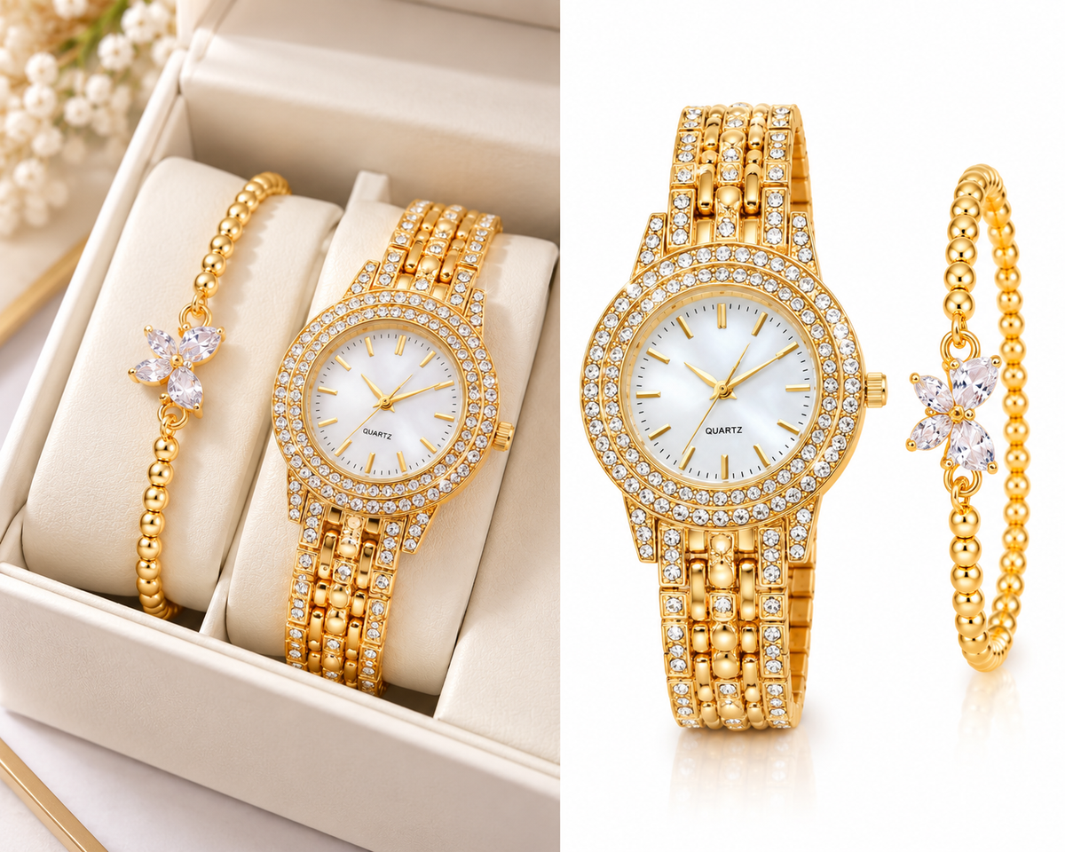 Gold crystal watch and butterfly charm bracelet on white studio background