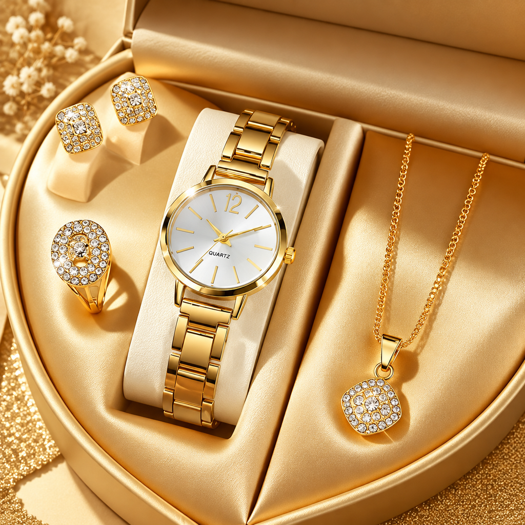 Gold crystal watch and jewellery set in luxury gift box