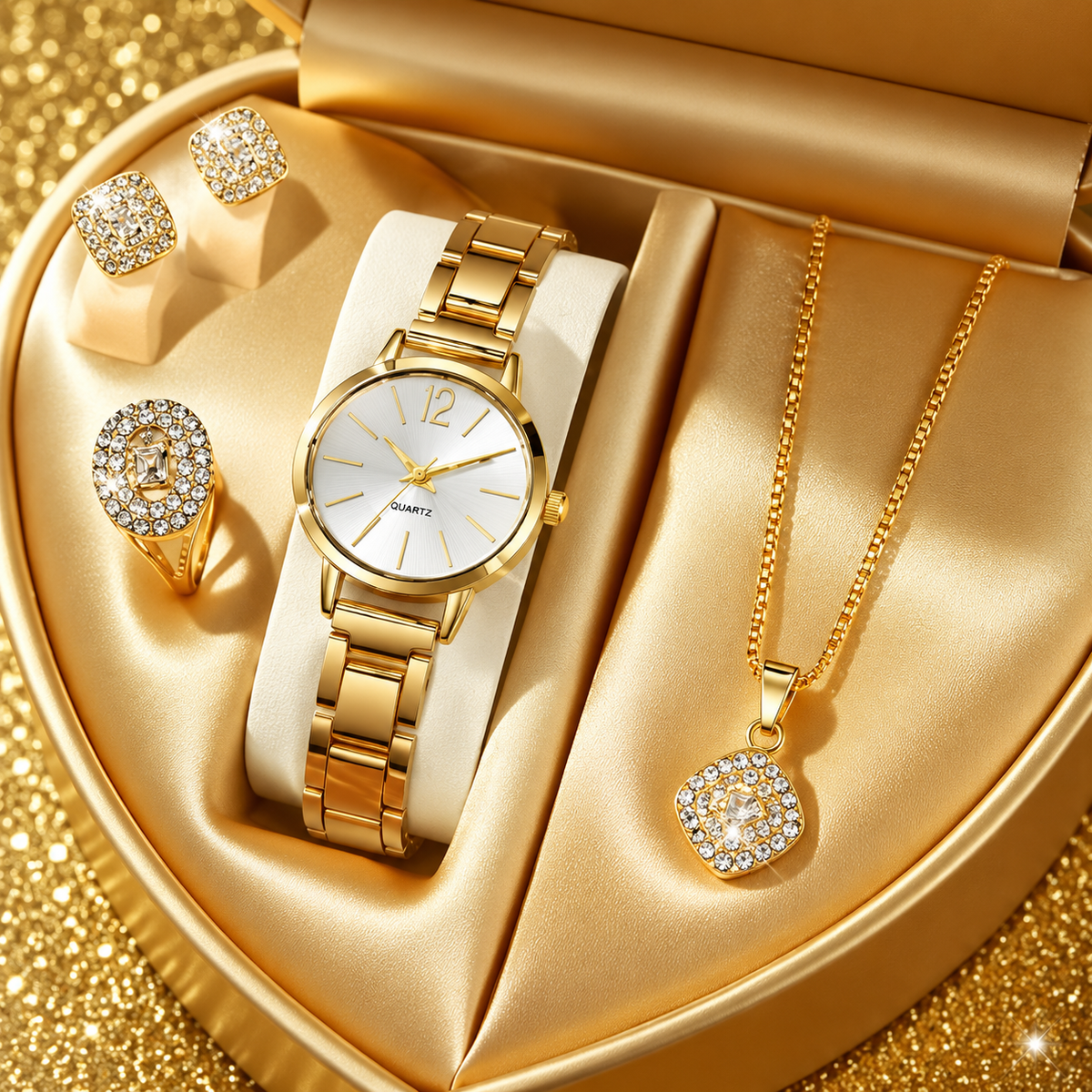 Gold watch with crystal necklace ring and earrings set