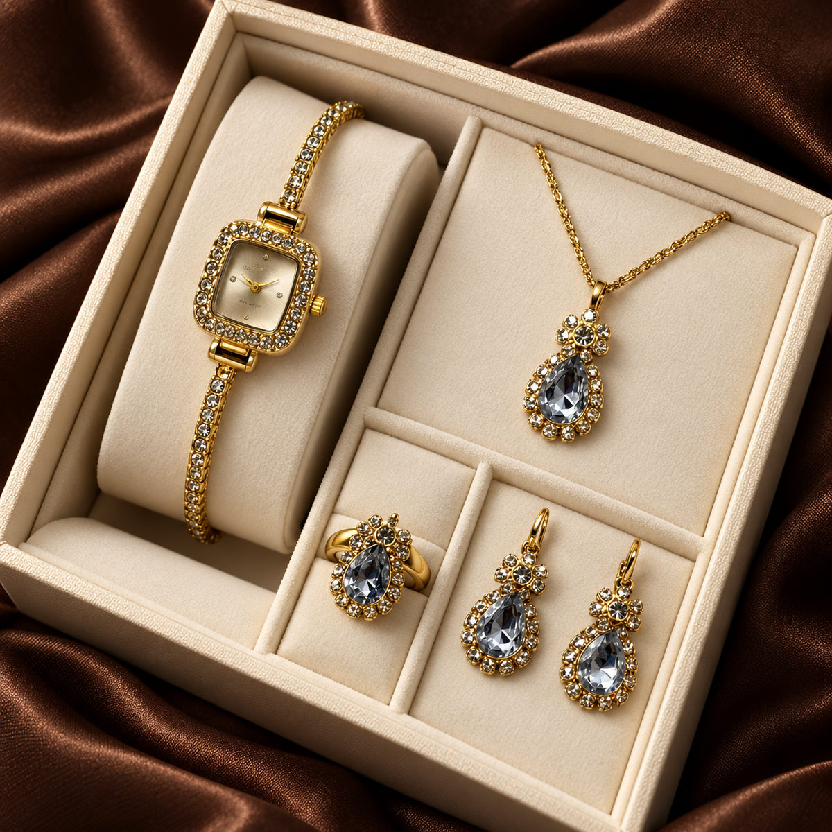 Gold crystal watch and teardrop jewellery set in premium gift box