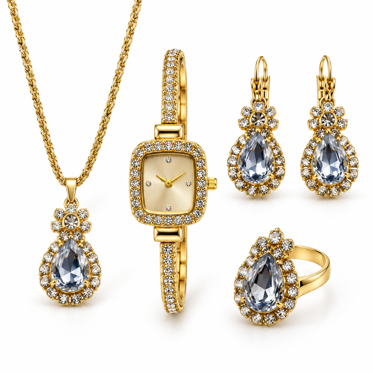 Gold crystal watch with teardrop necklace ring and earrings on white studio background