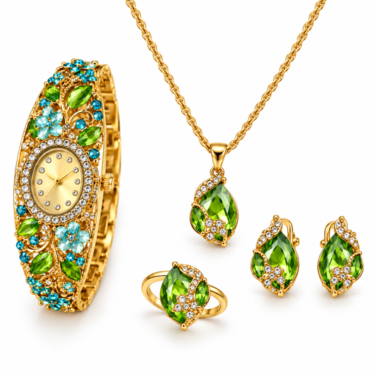 Green gemstone watch necklace ring and earrings set