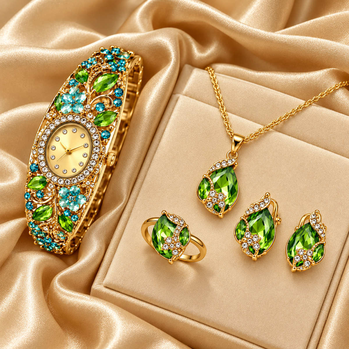 Gold and green gemstone watch and jewellery set on champagne satin