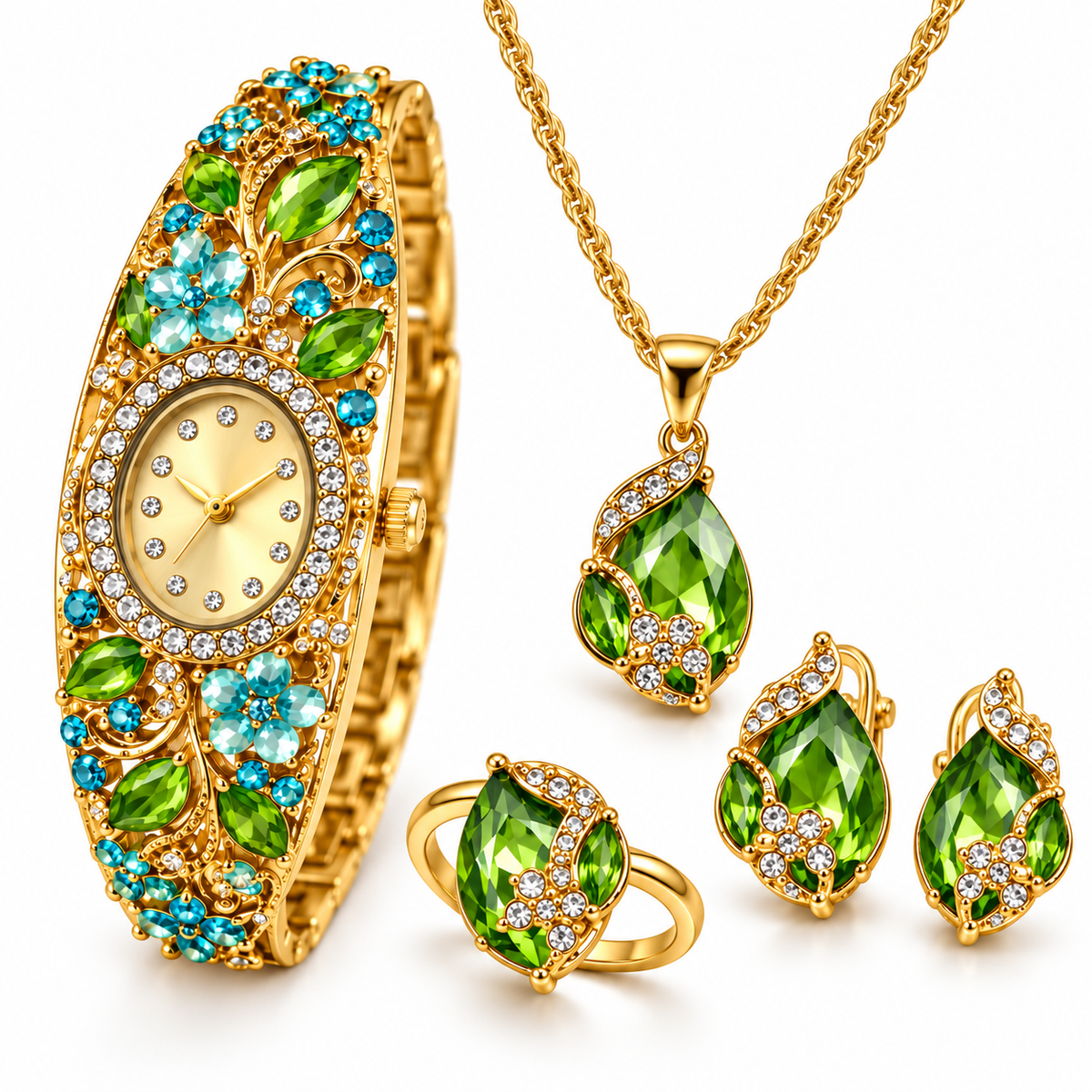Close-up of ornate green gemstone watch and matching jewellery set