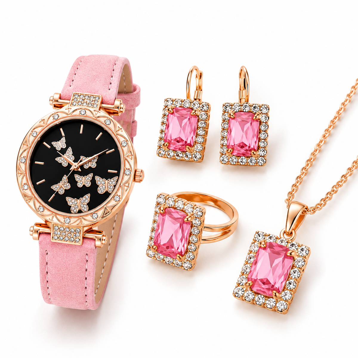 Pink gemstone watch necklace ring and earrings set