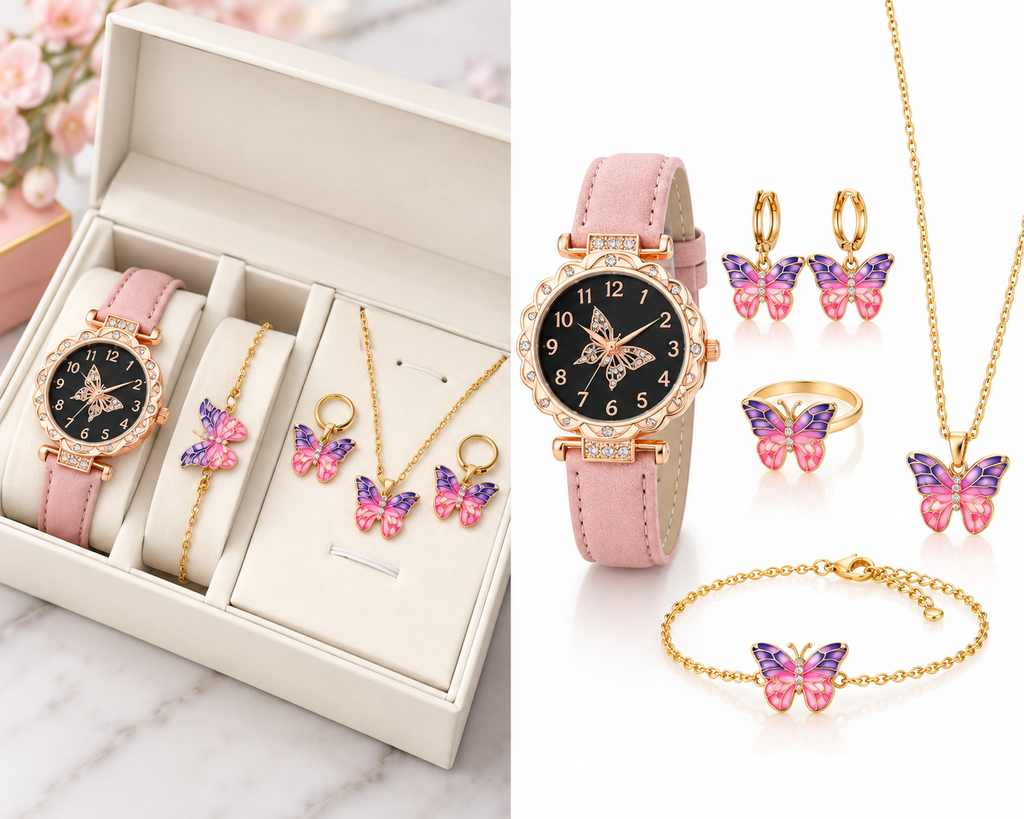 Pink butterfly watch and jewellery set in premium box and white studio layout