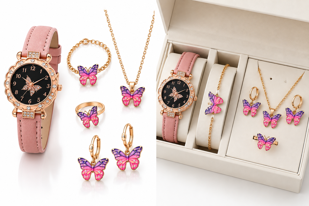 Pink butterfly watch jewellery set on white background and gift box