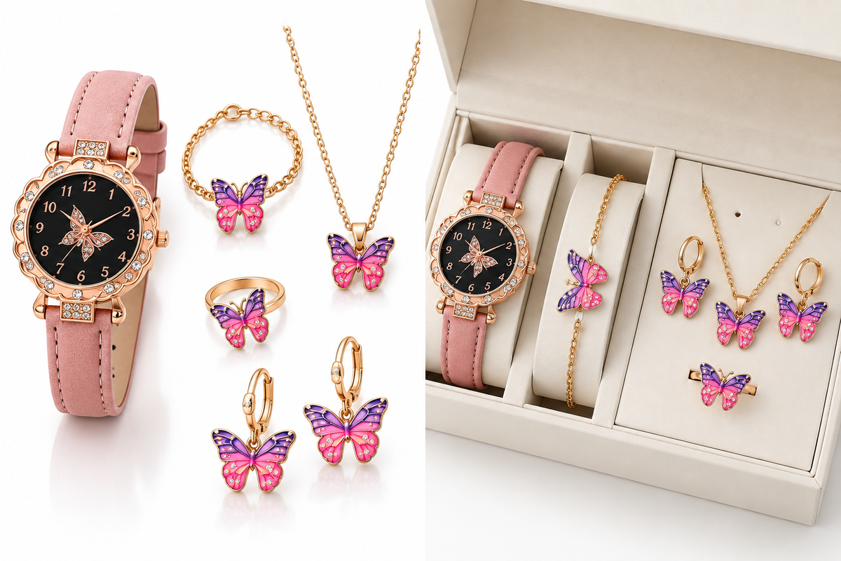 Pink butterfly watch jewellery set on white background and gift box