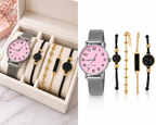 Pink dial silver mesh watch with coordinated black and gold bracelet set