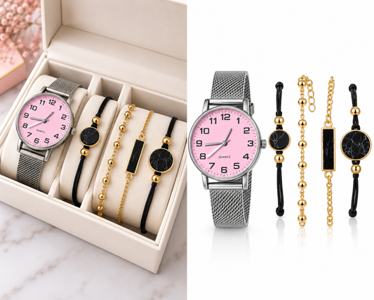 Pink dial silver mesh watch with coordinated black and gold bracelet set